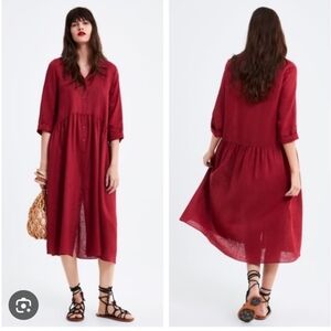 Zara Raspberry Red Linen Midi Dress